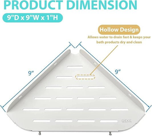Corner Shower Shelf, 9" Corner Shower Caddy, SUS304 Stainless Steel Shower Organizer Wall Mount Corner Shelf with 2 Hooks for Bathroom, Dorm and Kitchen, Matte White (2 Pack)