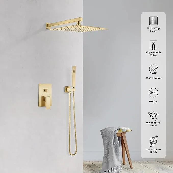 gotonovo Rainfall Bathroom Shower System Rain Shower Head and Handle Set Wall Mounted Shower Complete Combo Solid Brass Pressure Balancing Shower Mixer Valve 16 Inch Brushed Gold - ModernBath