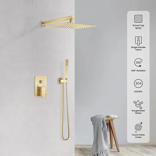 gotonovo Rainfall Bathroom Shower System Rain Shower Head and Handle Set Wall Mounted Shower Complete Combo Solid Brass Pressure Balancing Shower Mixer Valve 16 Inch Brushed Gold - ModernBath