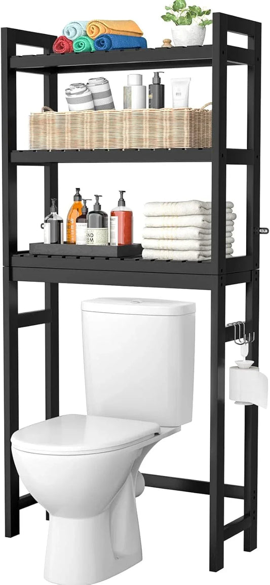 Homykic Bamboo Over The Toilet Storage Shelf, 3-Tier Above Toilet Storage Organizer Rack with 3 Hooks, Freestanding Bathroom Tower Shelf Unit for Small Space, No Rust, Easy to Assemble, Black - ModernBath