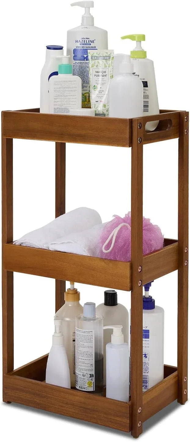 BEEFURNI Acacia Wood Shower Caddy, 3 Tier Shower Organizer, Sturdy Corner Shower Caddy, Wooden Bathroom Shelves Freestanding, Bathroom Standing Shelf (3T) - ModernBath