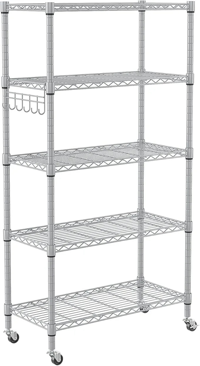 Homdox 5 Tier Adjustable Rolling Storage Shelves, Heavy Duty Wire Racks and Shelving, Metal Shelves for with Side Hooks Pantry Closet Kitchen Garage Organization, Silver Gray - ModernBath