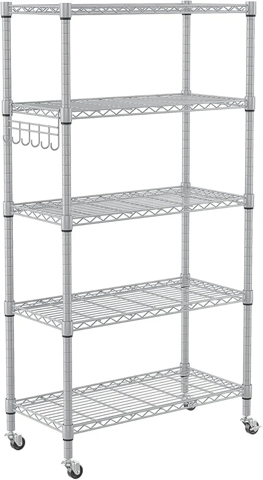 Homdox 5 Tier Adjustable Rolling Storage Shelves, Heavy Duty Wire Racks and Shelving, Metal Shelves for with Side Hooks Pantry Closet Kitchen Garage Organization, Silver Gray - ModernBath