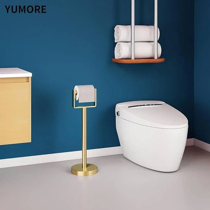 YUMORE Toilet Paper Holder Free Standing, Stainless Steel Toilet Paper Stand, Weighted Base Floor Tissue Roll Holder for Bathroom,Gold 200UP - ModernBath
