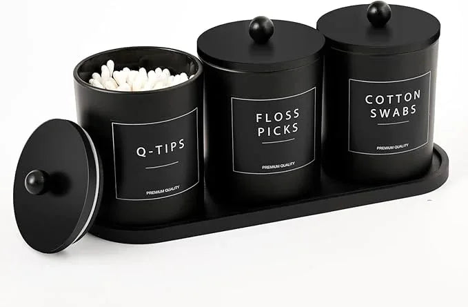 Glass Qtip Holder for Bathroom, Black Cotton Round Holder Swab Pad Dispenser with Lids, Floss Pick Holder with Bamboo Tray, Apothecary Jars with Scoop, Set of 3 - ModernBath