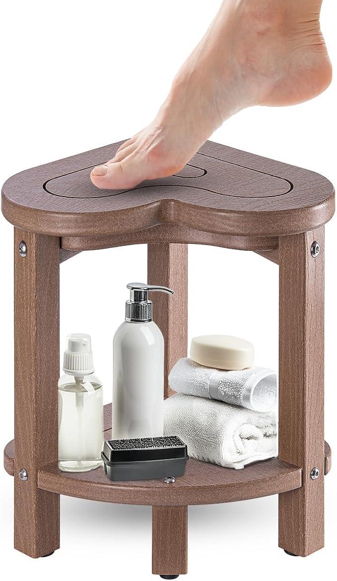 Corner Shower Stool for Inside Shower - Waterproof Corner Shower Bench, HDPE Plastic Bathroom Bench, Adjustable Height Corner Chair for Shaving Legs,Storage Shelf,Non-Slip Feet，Brown - ModernBath