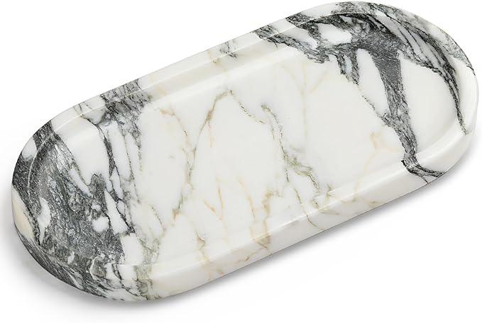 Natural Marble Vanity Tray - Moujings Genuine Marble Perfume Tray for Bathroom Decor, Stone Bathroom Vanity Organizer Tray for Kitchen Counter, Candles, Jewelry, Coffee, Makeup, Key - ModernBath
