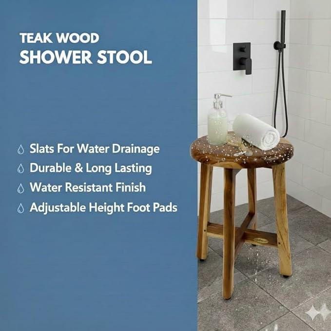 EcoDecors Shoji 12 Inch Round Waterproof Teak Wood Shower Bench Stool Seat Chair For Inside Shower Provides Safety, Storage, and Organization For Bathroom Accessories - ModernBath