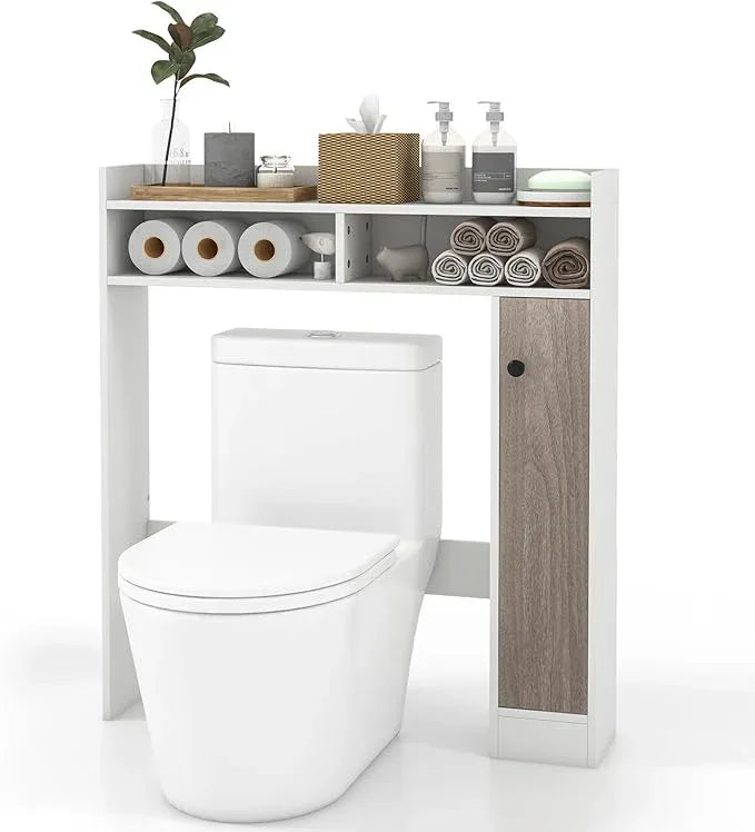 Giantex Over The Toilet Storage Cabinet, Freestanding Bathroom Organizer w/Single Door Cabinet & Open Shelves, Space-Saving Toilet Rack w/Adjustable Shelves for Laundry Room (White) - ModernBath