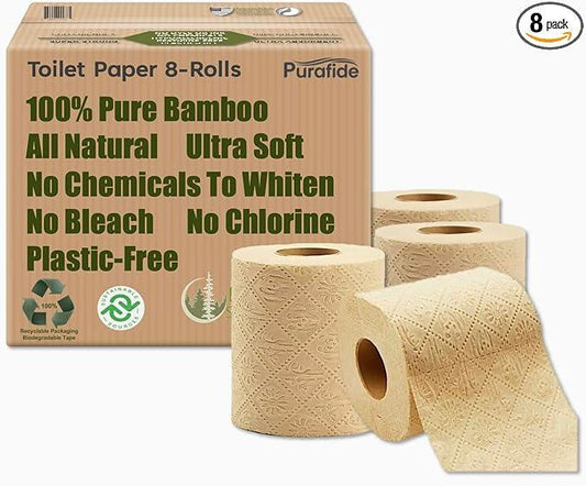 Purafide 100% Bamboo, thick 3-ply toilet paper, tree-free, unbleached, sustainable, 300 sheets per roll (TP 8 rolls) - ModernBath