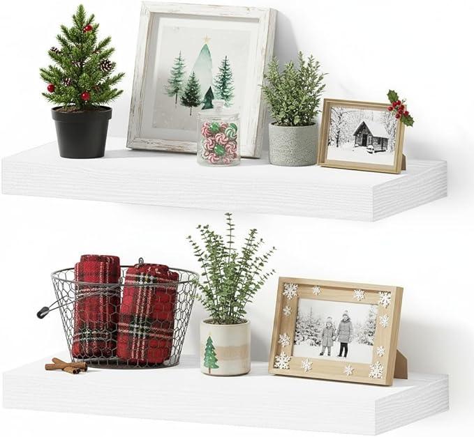Vivelove 16 inch Floating Shelves for Wall, Bathroom Shelves Over Toilet, Wall Shelf for Bedroom, Living Room, Kitchen, Office Home Decor, Narrow Shelves with Invisible Brackets - Set of 2, White - ModernBath
