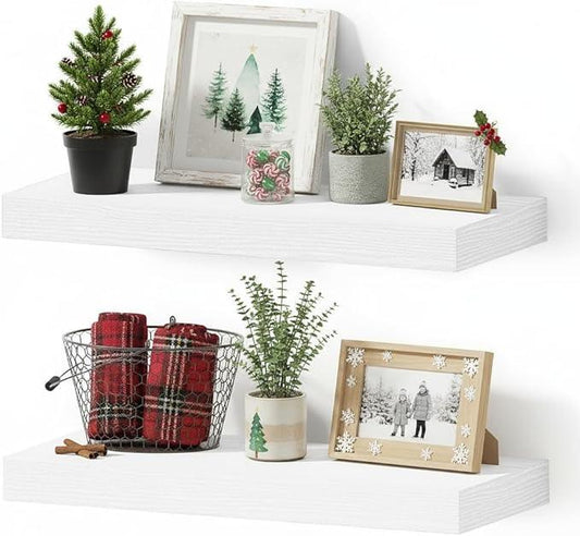Vivelove 16 inch Floating Shelves for Wall, Bathroom Shelves Over Toilet, Wall Shelf for Bedroom, Living Room, Kitchen, Office Home Decor, Narrow Shelves with Invisible Brackets - Set of 2, White - ModernBath