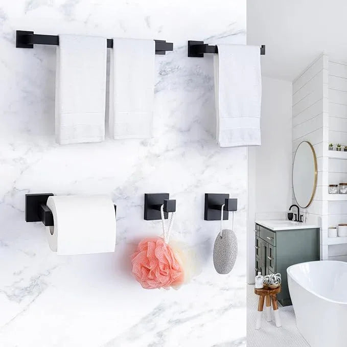 Bathroom Hardware Accessories Set Matte Black,5-Piece Black Towel Bar Set 16" Wall Mounted Towel Holder Stainless Steel-Includes Towel Bar,Robe Towel Hooks,Toilet Paper - ModernBath