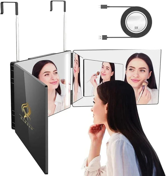 GLDDAO Three Way Mirror for Braiding Hair LED Lighted Trifold 360 Mirror for Women for Braiding Haircuts for Men Self Cut Shaving Barber Hair Cutting Tools - ModernBath