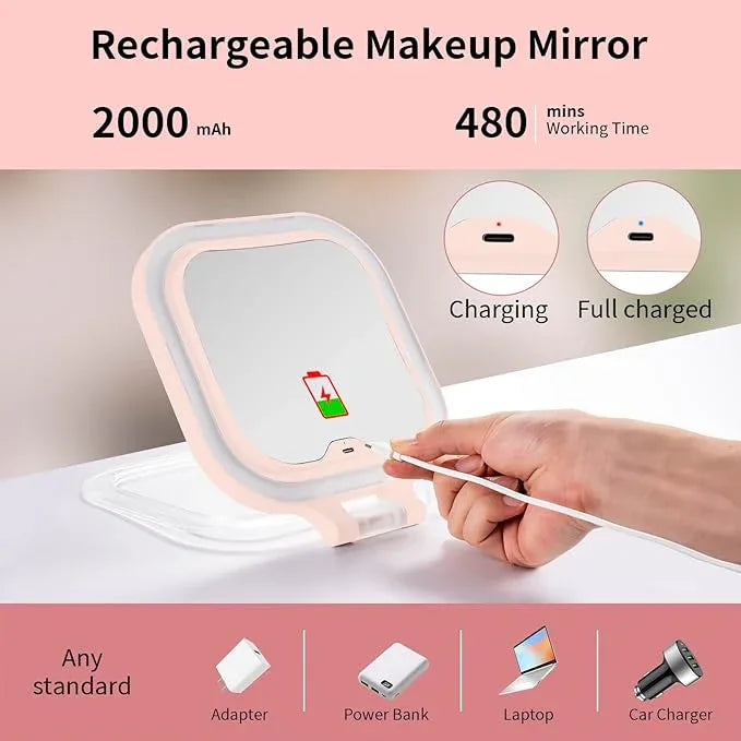 DESCHEN Rechargeable Travel Makeup Vanity Mirror with Lights and Magnification, Portable 1X/10X Magnifying Mirror with 3 Color Light, Lighted Makeup Mirror with Magnification, Folding LED Desk - Pink - ModernBath