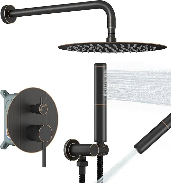 BESy Shower System with 10 Inch Round Rain Shower Head and Handheld Wall Mounted, High Pressure Rainfall Shower Faucet Fixture Combo Set with 2 in 1 Handheld Showerhead for Bathroom, Oil Rubbed Bronze - ModernBath