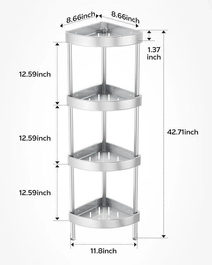Nieifi Corner Shower Caddy Stand-4 Tier Rustproof Anodized Aluminum Standing Shower Organizer-Shower Caddy Corner-Dual Stability to Anti-Shaking-Height-Adjustable Legs for Uneven Surfaces-Silver - ModernBath