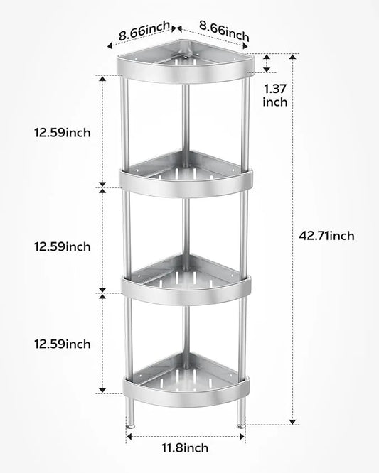Nieifi Corner Shower Caddy Stand-4 Tier Rustproof Anodized Aluminum Standing Shower Organizer-Shower Caddy Corner-Dual Stability to Anti-Shaking-Height-Adjustable Legs for Uneven Surfaces-Silver - ModernBath