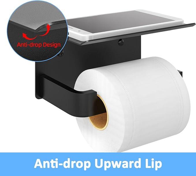 Toilet Paper Holder with Phone Shelf, Matte Black Toilet Paper Holder Wall Mount, Rustproof Stainless Steel Bathroom Storage - ModernBath