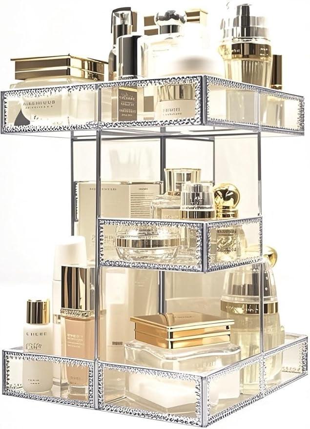 Hersoo 360 Degree Rotation Cosmetic Organizer -Premium Makeup Storage with Spin Base,Antique Countertop Cosmetic Storage,Large Capacity,Beauty Display for Countertop,Vanity or Bathroom (silver) - ModernBath