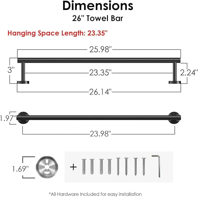 FORIOUS Black Towel Bar for Bathroom Wall, 24 Inch Stainless Steel Towel Racks for Bathroom, Includes Wall Mounting Hardware (Matte Black,Total Length 26-Inch) - ModernBath