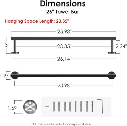 FORIOUS Black Towel Bar for Bathroom Wall, 24 Inch Stainless Steel Towel Racks for Bathroom, Includes Wall Mounting Hardware (Matte Black,Total Length 26-Inch) - ModernBath