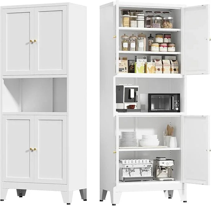 Metal Kitchen Pantry Cabinet, 69" Tall Storage Cabinet with 4 Doors and 3 Adjustable Shelves, Freestanding Cupboards for Dining Room, Living Room, Bathroom (White, 69" H) - ModernBath