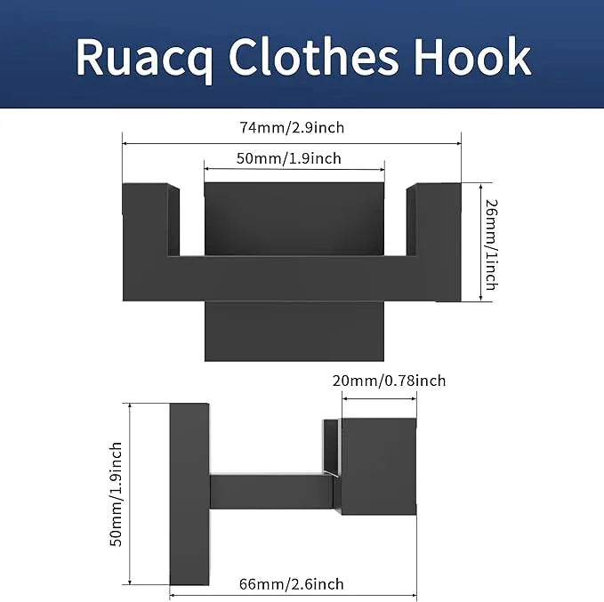 Ruacq Double Towel Hooks for Bathrooms, Heavy Duty Stainless Steel Square Bathroom Hooks, Wall Mounted Towel Hanger for Robe & Coat, Ideal for Kitchen, Bedroom, and Hotel Use(Matte Black) - ModernBath
