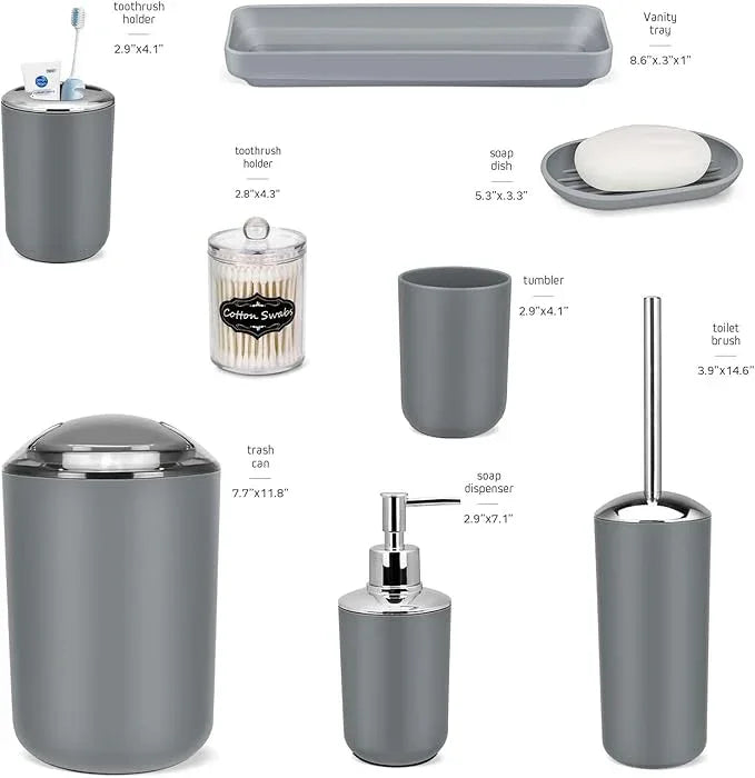 IMAVO Bathroom Accessories Set,Grey Bathroom Set,9 Pieces Bathroom Accessory Set,Tray,Qtip Holders,Toilet Brush,Trash Can for Bathroom Décor and Home Gifts - ModernBath