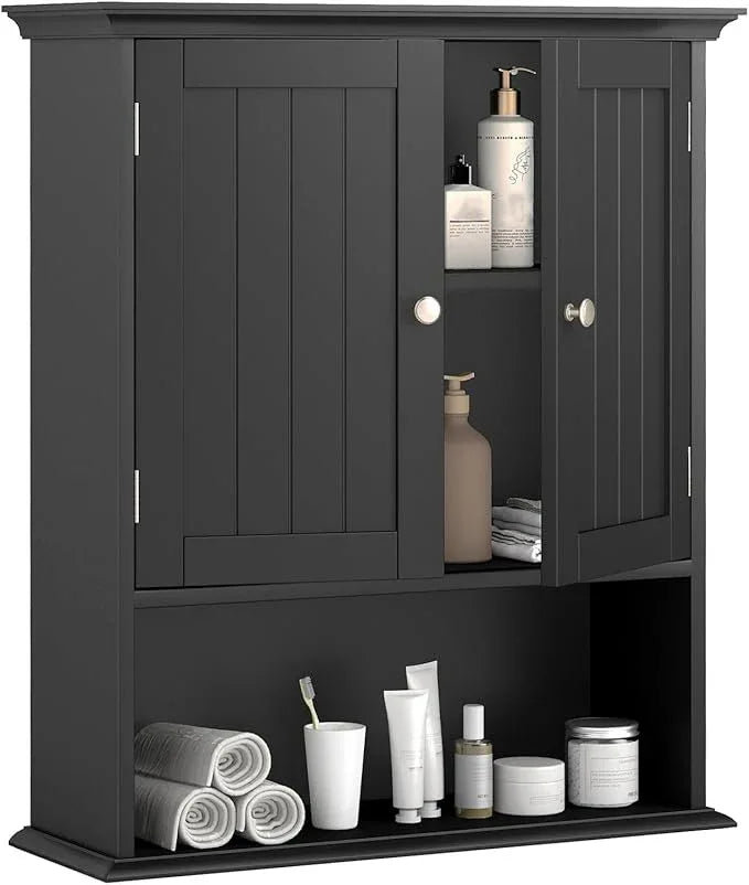 Tangkula Bathroom Wall Cabinet, Wooden Hanging Storage Cabinet with Doors & Shelves, Multipurpose Storage Cabinet for Restroom Kitchen Living Room, Wall Mounted Bathroom Medicine Cabinet (Black) - ModernBath
