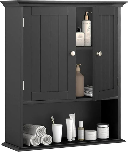 Tangkula Bathroom Wall Cabinet, Wooden Hanging Storage Cabinet with Doors & Shelves, Multipurpose Storage Cabinet for Restroom Kitchen Living Room, Wall Mounted Bathroom Medicine Cabinet (Black) - ModernBath