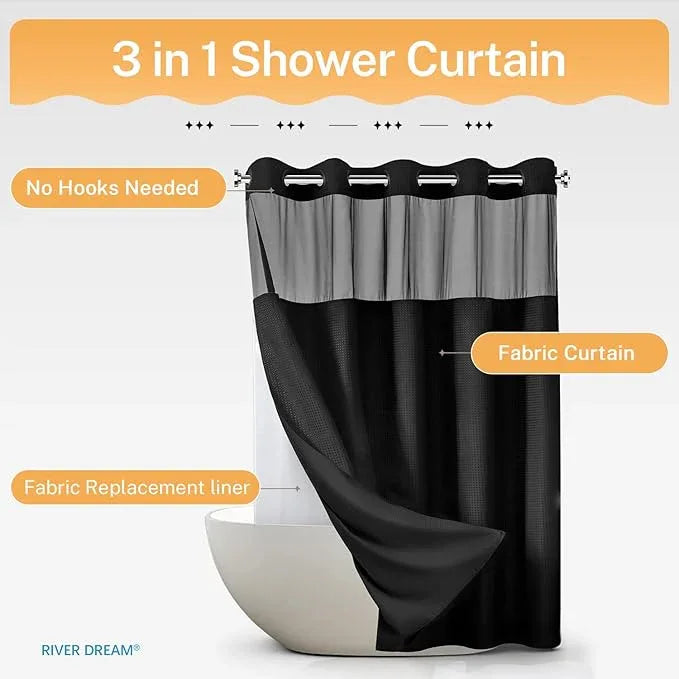 River Dream Heavyweight No Hooks Required Dotted Waffle Weave Shower Curtain with Snap in Liner -Extra Long 71W x 86H,Hotel Grade,Spa Like Bath Curtain,Black - ModernBath