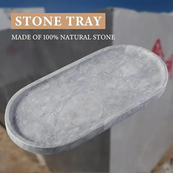 Koville Grey Marble Tray for Bathroom Countertop, 12"x6" Vanity Decorative Marble Tray for Dresser, Stone Catchall Trays for Perfume, Candles, Jewelry, Stone Gray Storage Trays for Home Decor - ModernBath