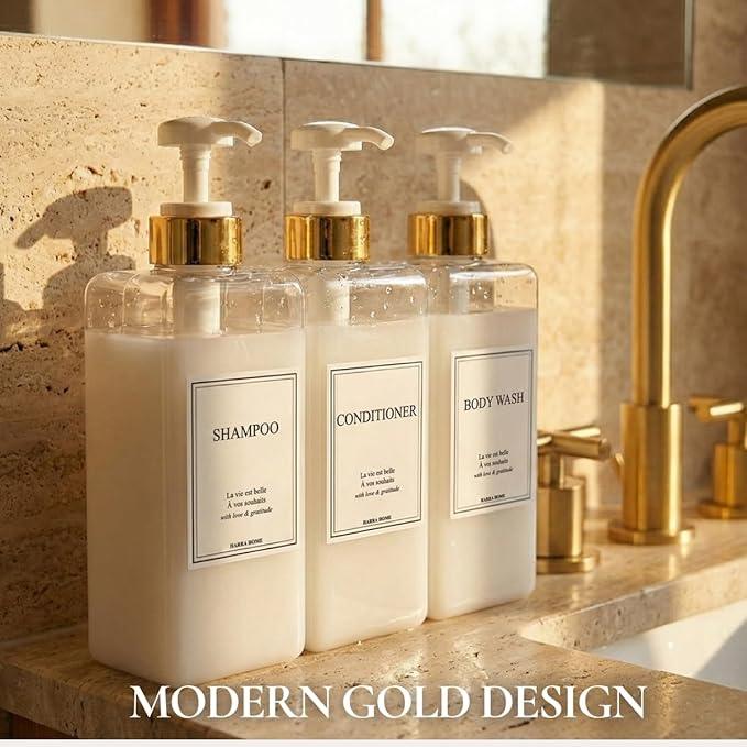 Modern Gold Design Shampoo and Conditioner Dispenser, Large 27oz Shower Soap Dispenser, Set of 3 Refillable Empty Plastic Pump Bottles for Bathroom, 6 Waterproof Labels Included, (Clear & White) - ModernBath