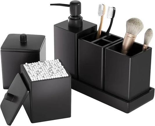 Black Bathroom Accessories Set Resin 6PCS, Square Toothbrush Holders Set Complete with Soap Dispenser, Vanity Tray, Tumbler, Cups and Cotton Swab Jars for Counter, Sink or Small Spaces - ModernBath