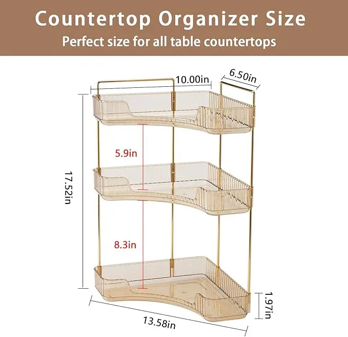 shuang qing 3-Tier Corner Bathroom Counter Organizer – Classic Storage Shelf for Makeup, Perfume & Toiletries, Space-Saving Countertop Tray Fits Bathroom, Dresser, Kitchen (Vintage Gold) - ModernBath