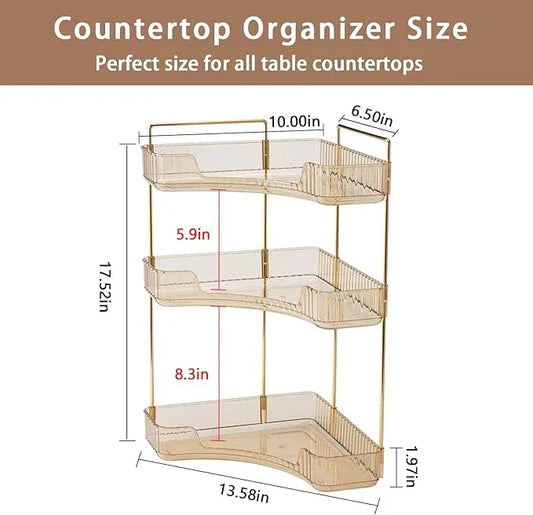 shuang qing 3-Tier Corner Bathroom Counter Organizer – Classic Storage Shelf for Makeup, Perfume & Toiletries, Space-Saving Countertop Tray Fits Bathroom, Dresser, Kitchen (Vintage Gold) - ModernBath