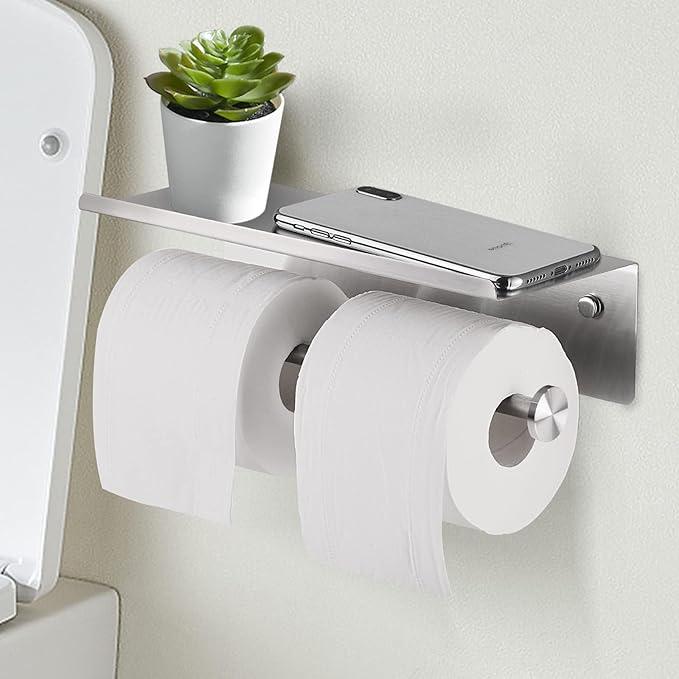 YUMORE Toilet Paper Holder, 304 Stainless Steel Bathroom Double Roll Tissue Holder with Shelf, Wall Mounted Washroom Dual TP Dispenser Storage, Flushable Wipes Dispenser, Brushed Nickel Finish - ModernBath