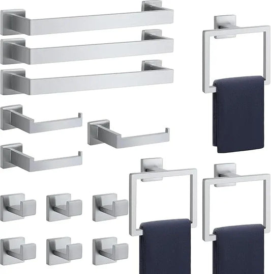 Bathroom Accessories Towel Bar Set: 15 Pieces Brushed Nickel Square Bathroom Hardware SUS304 Stainless Steel - Wall Mounted Towel Rack&Toilet Paper Holder&Towel Ring and Towel Hook - ModernBath