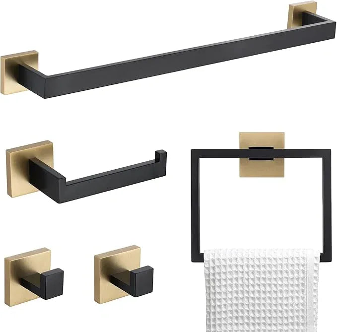 TNOMS 5 Pieces Bathroom Hardware Accessories Set Black and Gold Towel Bar Set,Wall Mounted Stainless Steel,23.6 Inch - ModernBath