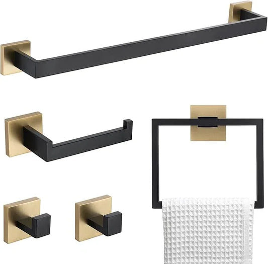 TNOMS 5 Pieces Bathroom Hardware Accessories Set Black and Gold Towel Bar Set,Wall Mounted Stainless Steel,23.6 Inch - ModernBath