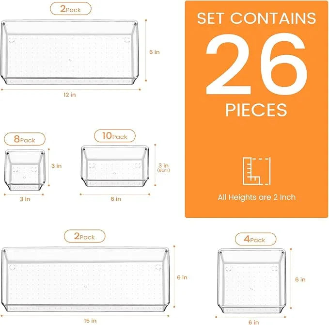 Criusia Drawer Organizer, 26 Pack Clear Plastic Drawer Organizer Bins, Versatile Organization and Storage Trays for Kitchen, Bathroom, Vanity Makeup and Office - ModernBath