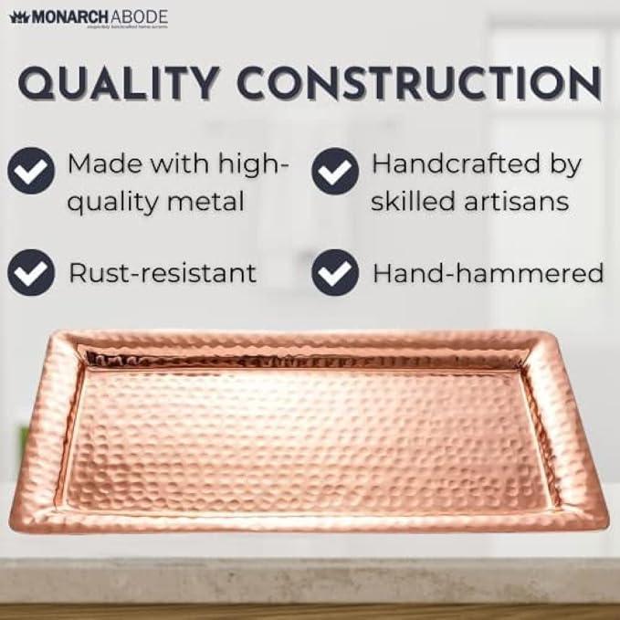 Monarch Abode Decorative Tray – 12-Inch Hand Hammered Copper Plated Metal Bathroom Tray Countertop, Vanity Trays Organizer, Perfume Plate for Dresser, Kitchen Countertop Small Fruit Platter - ModernBath