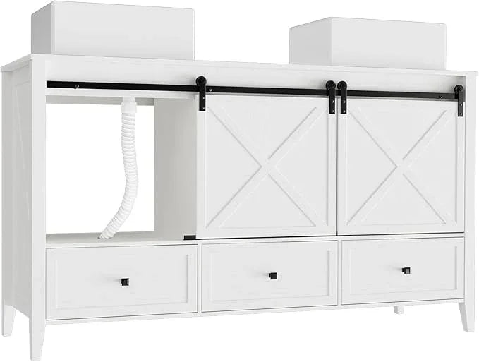 VNN Bathroom Vanity with Sink - 60 Inch Bathroom Vanity Double Sink Ceramic, Freestanding Cabinet with 2 Farmhouse Sliding Barn Doors and 5 Drawers, Space-Saving Storage Cabinet, White Wood Grain - ModernBath