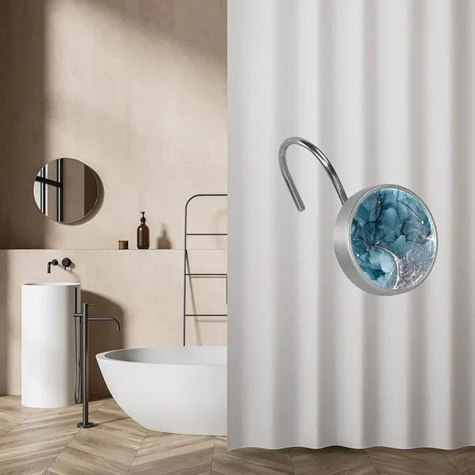 12 Pcs Decorative Shower Curtain Hooks, Rust Proof Glass Surface Stainless Steel Rings for Bathroom Bedroom Kitchen Home Bath Room Rods Decor (Dark Blue Shiny Texture) - ModernBath