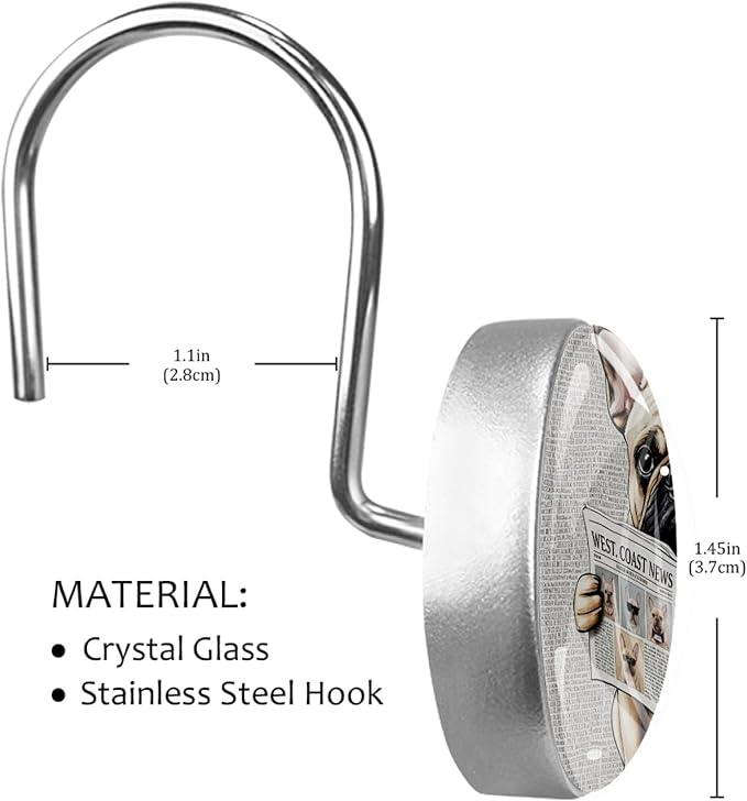 Dog Reading Newspaper Shower Curtain Hooks 12Pcs, Decorative Rust Resistant Shower Rings for Shower Curtain Rods, Stainless Steel Round Curtain Hooks for Bathroom, Bedroom, Farmhouse - ModernBath