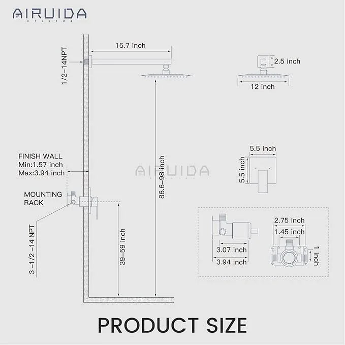 Airuida Shower Faucet Set Bathroom Rain Shower System SUS304 Stainless Steel Single Handle With Male Threads Rough-in Valve Shower Trim Kit 12 Inch Wall Mount Shower Head Brushed Gold - ModernBath