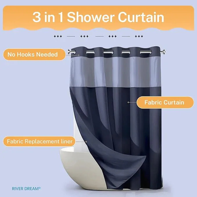 River Dream Heavyweight Navy Blue No Hooks Required Dotted Waffle Weave Shower Curtain with Snap in Liner - 71W x 74H,Hotel Grade,Spa Like Bath Curtain - ModernBath