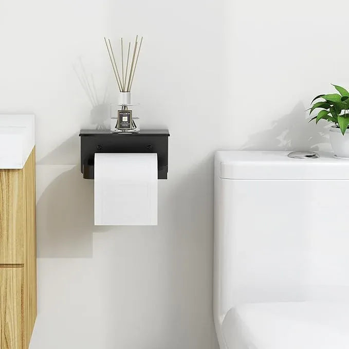 Toilet Paper Holder with Phone Shelf, Matte Black Toilet Paper Holder Wall Mount, Rustproof Stainless Steel Bathroom Storage - ModernBath