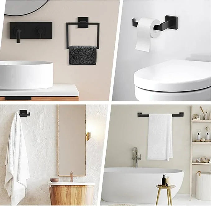 BOZWELL 5 Pieces Matte Black Bathroom Hardware Accessories Set Square Towel Racks for Bathroom 23.6 inch Stainless Steel Towel Bar Set Wall Mounted Towel and TP Set - ModernBath